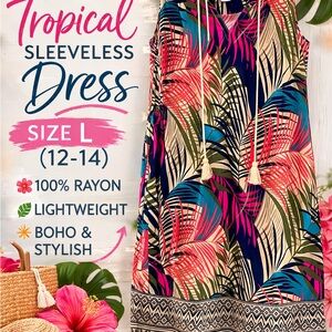 Time and Tru Tropical Palm Print Sleeveless Dress Size L (12–14)